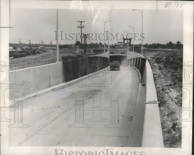 Load image into Gallery viewer, 1955 Press Photo Worker's Truck heads into the 800-foot-long Belle Chasse Tunnel

