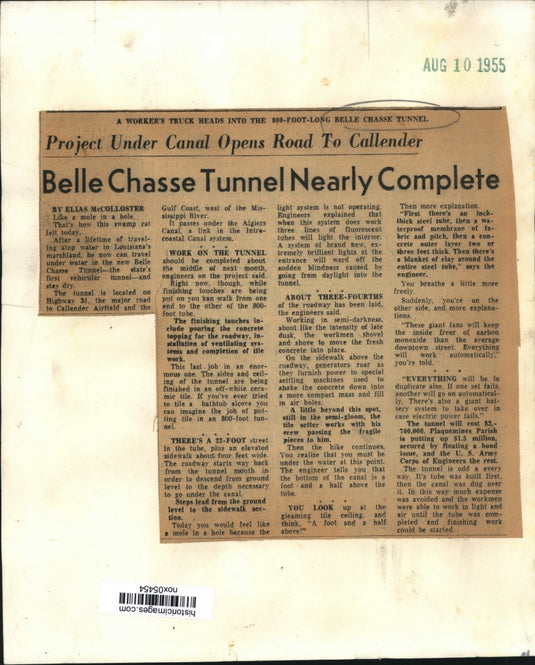 1955 Press Photo Worker's Truck heads into the 800-foot-long Belle Chasse Tunnel