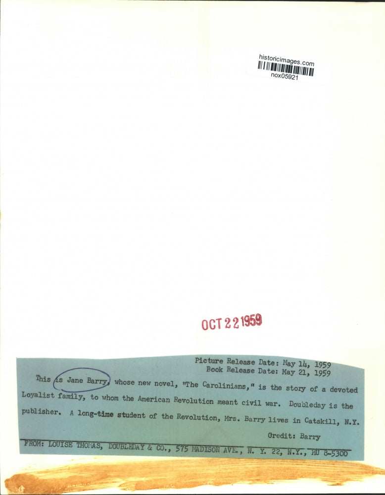 1959 Press Photo Jane Barry's novel,"The Carolinians" about a Loyalist family