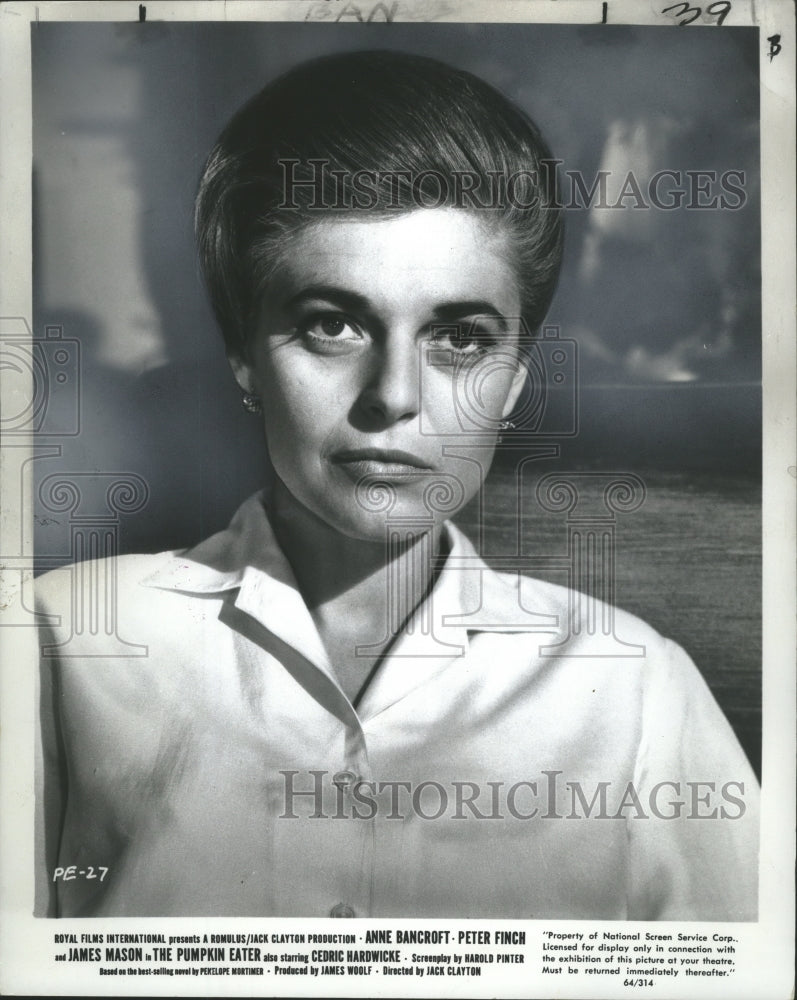 1965 Press Photo Anne Bancroft, Actress in "The Pumpkin Eater," Royal Films