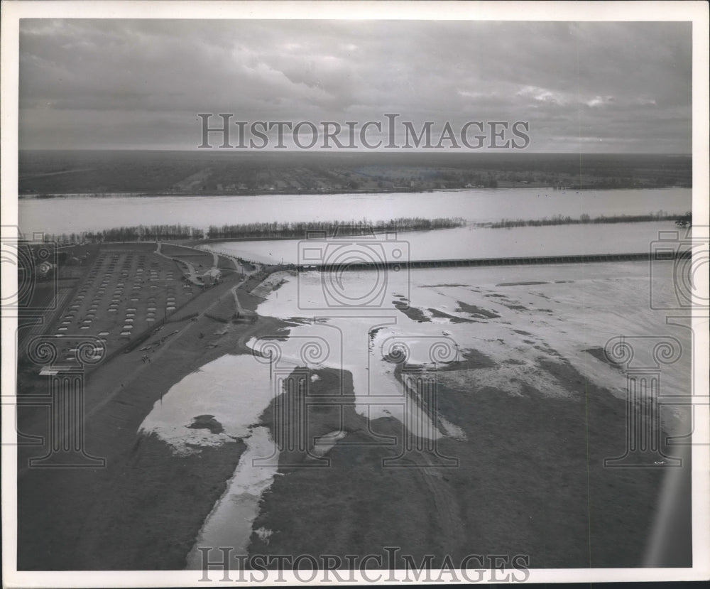 1950 Press Photo Aerial View of Opening Bonnet Carre Spillway, Mississippi River