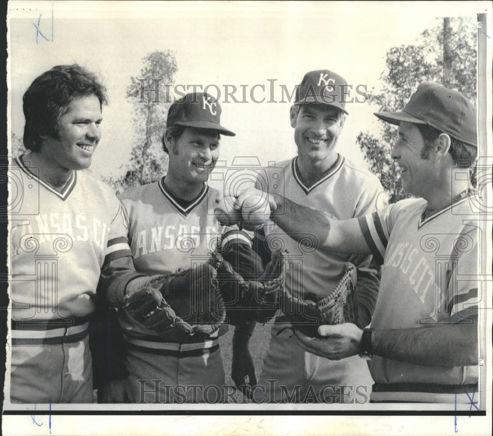 1974 Press Photo Kansas City Royals Mgr. Jack McKeon with New Pitching Staff- Historic Images