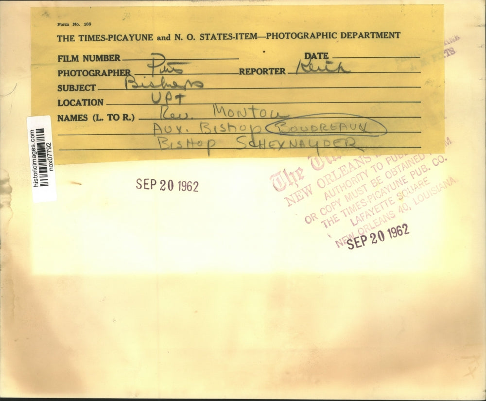 1962 Press Photo Reverend Montou, Aux. Bishop Boudreaux with Bishop Scheynayder