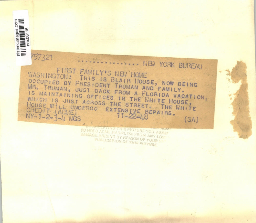 1948 Press Photo Blair House, Occupied by President Truman and Family