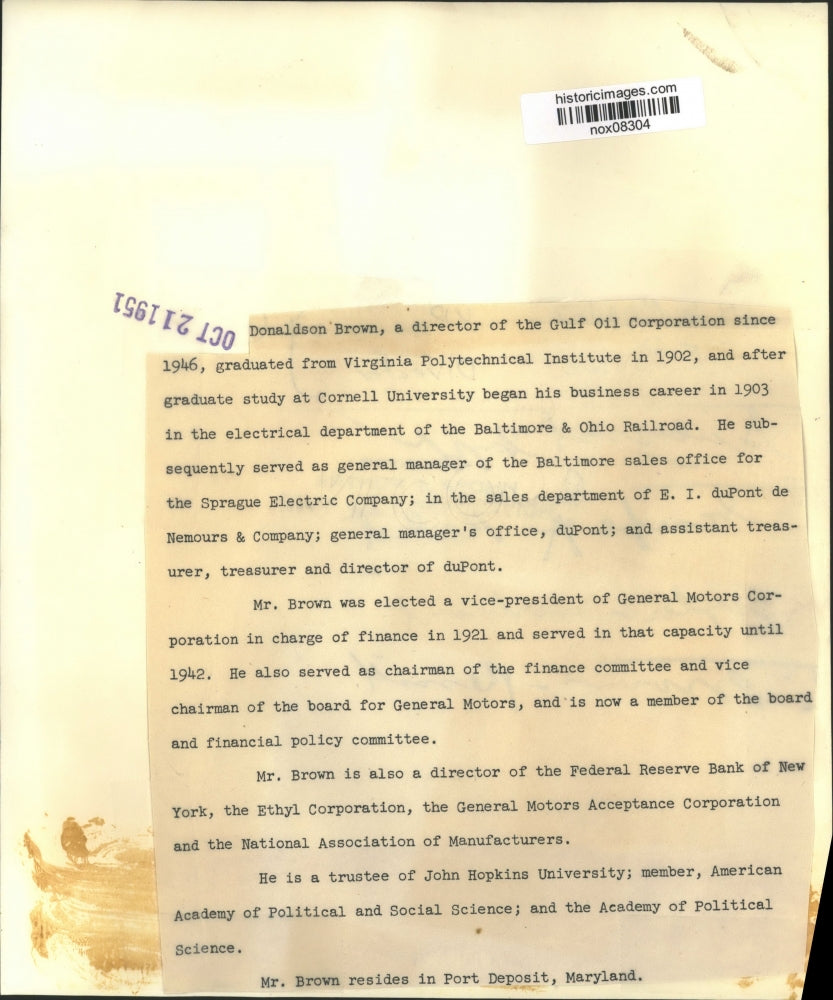 1951 Press Photo Businessman Donaldson Brown, Director of Gulf Oil Corporation