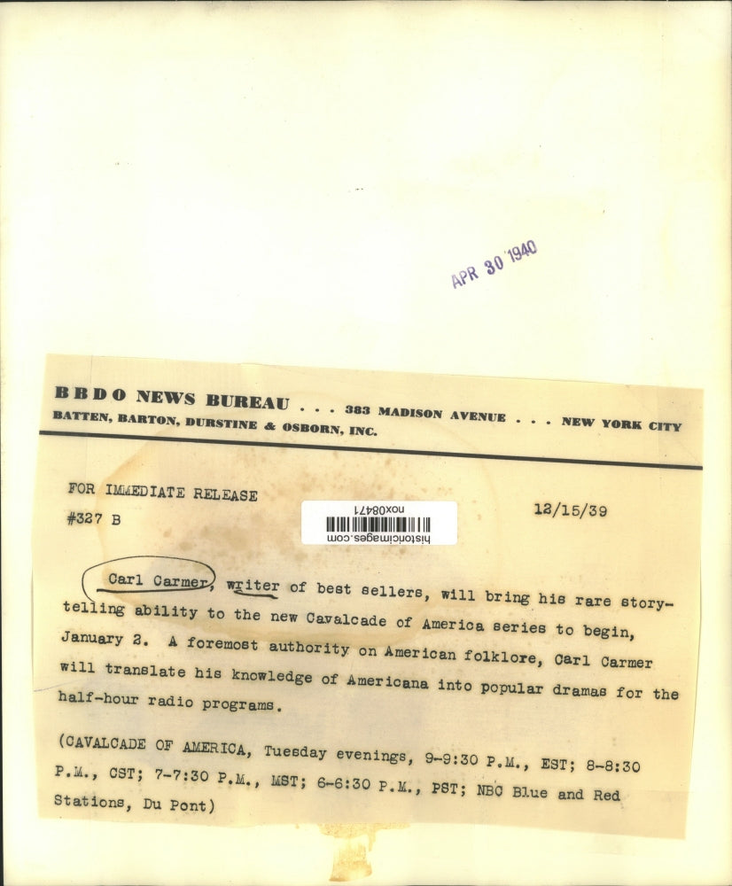 1939 Press Photo Carl Carmer, Author - nox08471