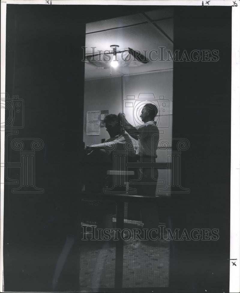 Load image into Gallery viewer, 1959 Press Photo Barber J.H. Pugh Works On W.M. Dearman's Hair - nox08484
