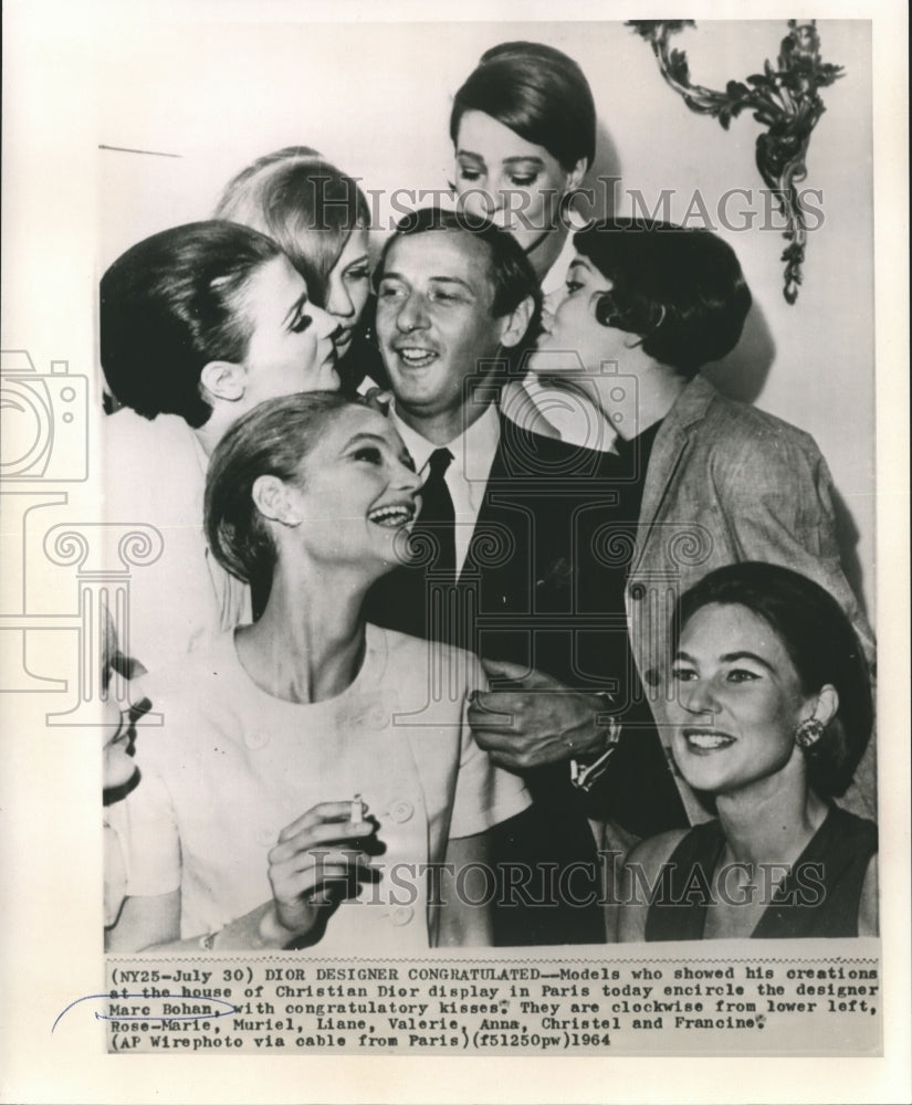 1964 Press Photo Designer Marc Bohan Congratulated by Models in Paris, France- Historic Images