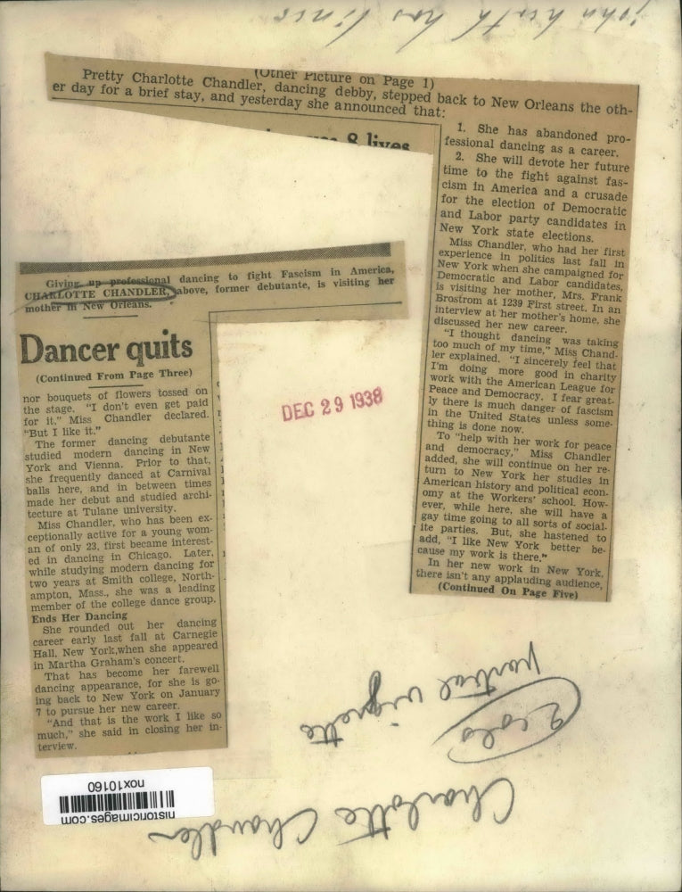 1938 Press Photo Dancer Charlotte Chandler - nox10160