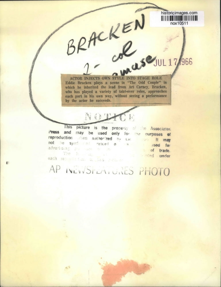 1966 Press Photo "The Odd Couple" - Eddie Bracken, Actor - nox10511