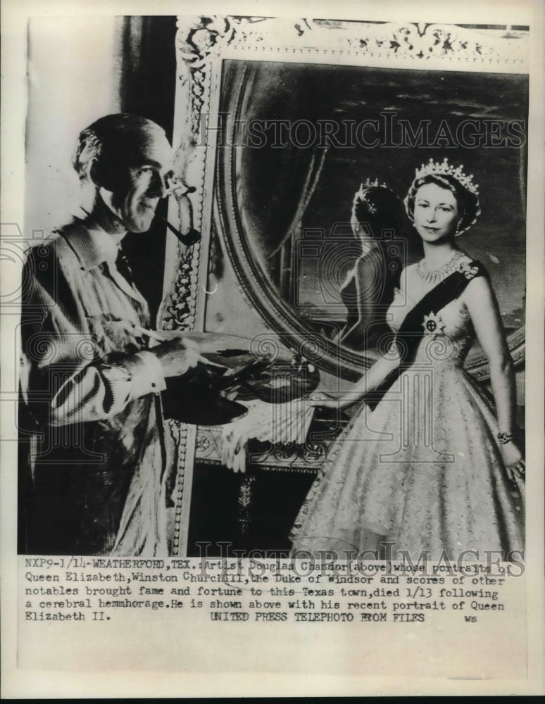 1953 Press Photo Artist Douglas Chandor with Portrait of Queen Elizabeth II