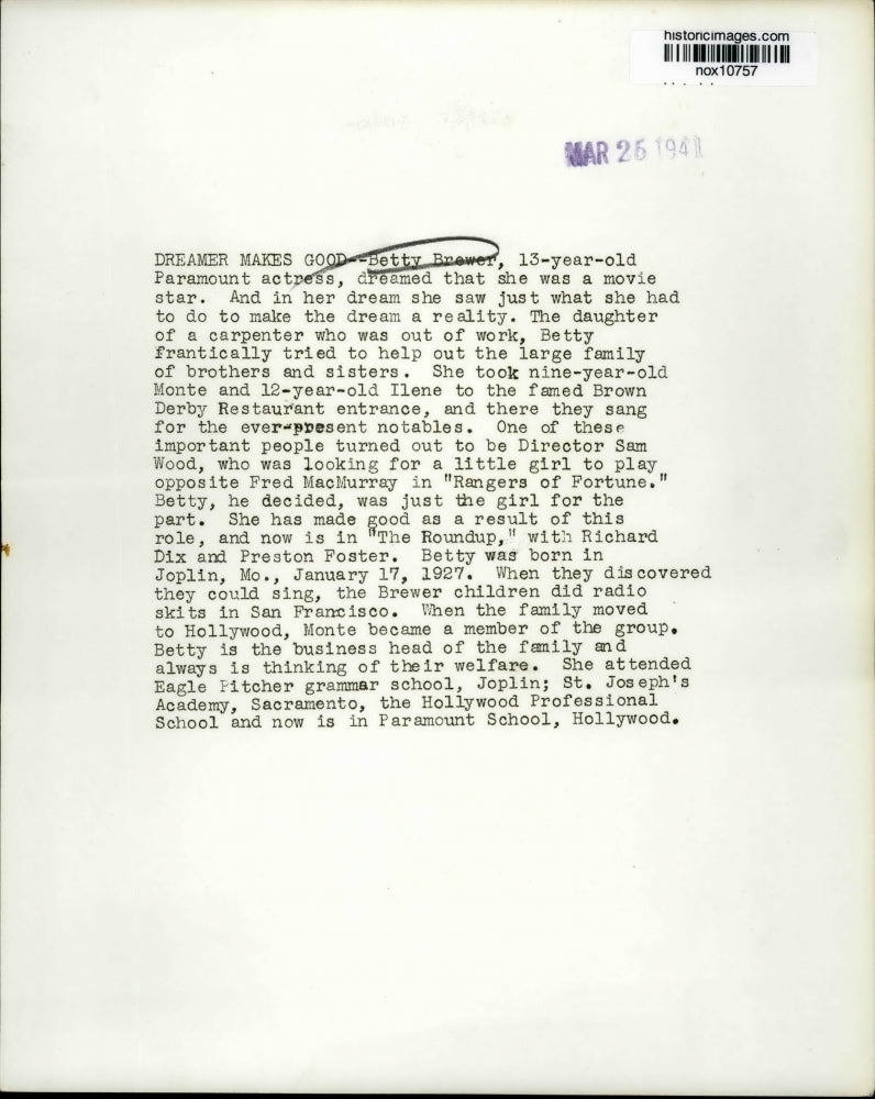 1940 Press Photo Actress Betty Brewer at Age Thirteen - nox10757