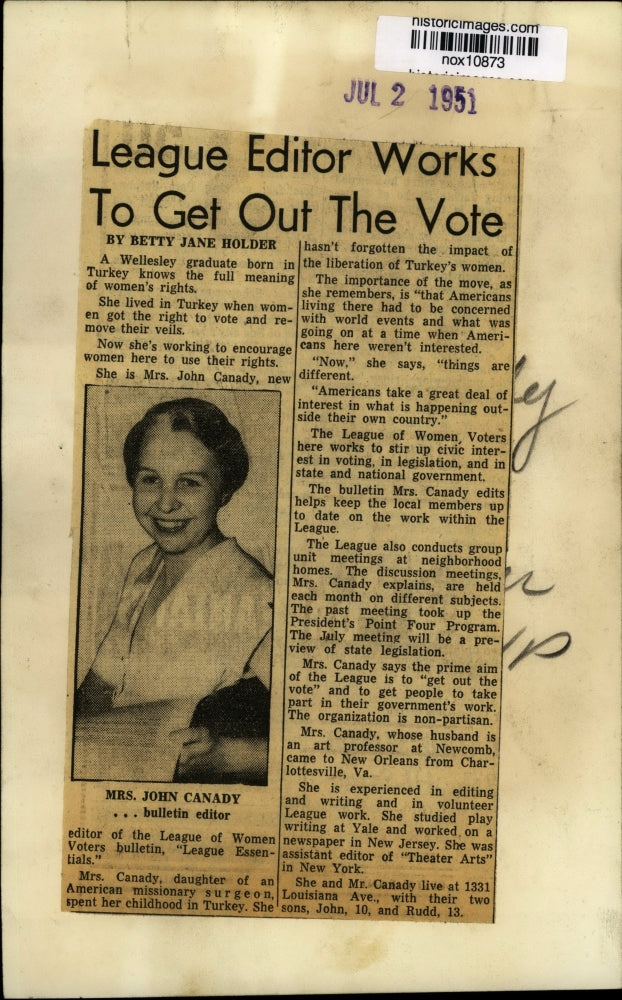 1951 Press Photo Mrs. John Canady, Women&#39;s Rights Advocate - nox10873