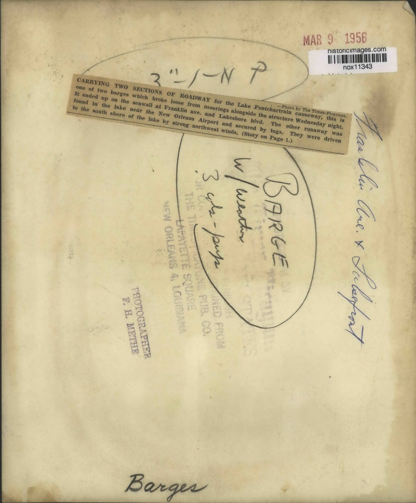 1956 Press Photo Barge carrying two sections of roadway broke loose in high wind