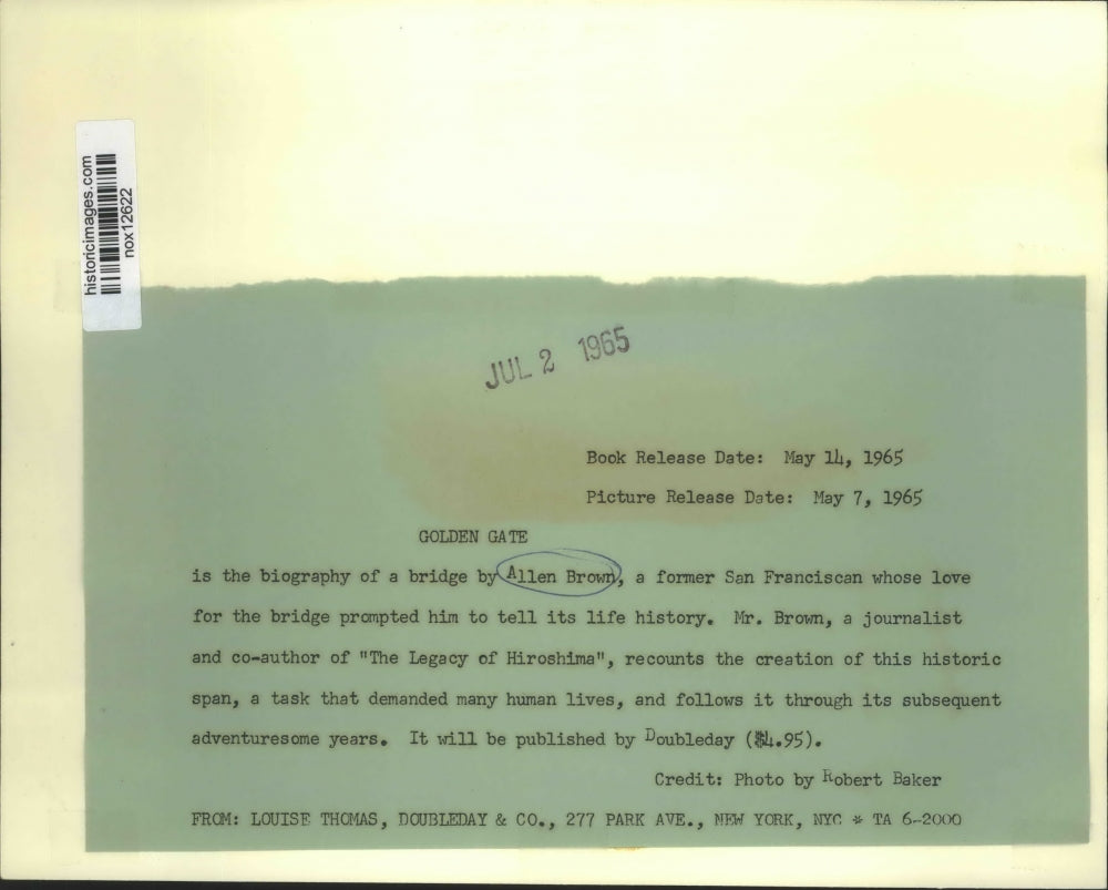 1965 Press Photo "Golden Gate: Biography of a Bridge" - Author Allen Brown