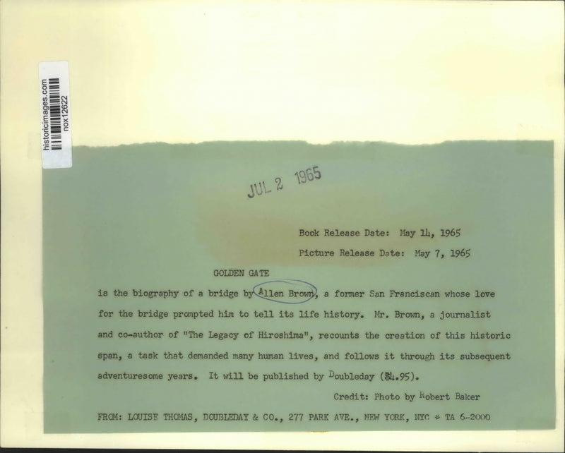 Load image into Gallery viewer, 1965 Press Photo "Golden Gate: Biography of a Bridge" - Author Allen Brown

