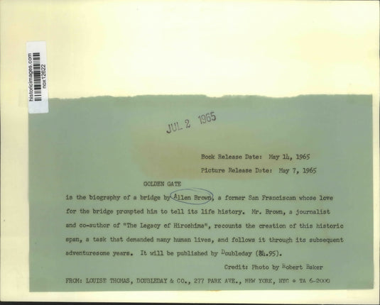 1965 Press Photo "Golden Gate: Biography of a Bridge" - Author Allen Brown