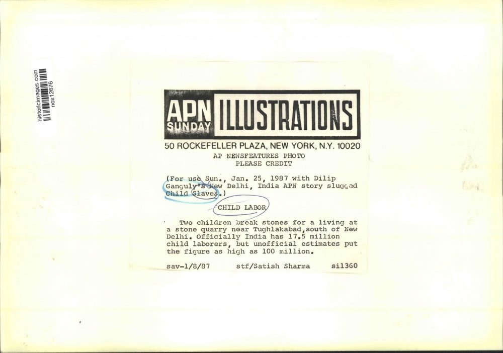 1987 Press Photo Child Quarry Laborers, Tughlakabad, South of New Delhi