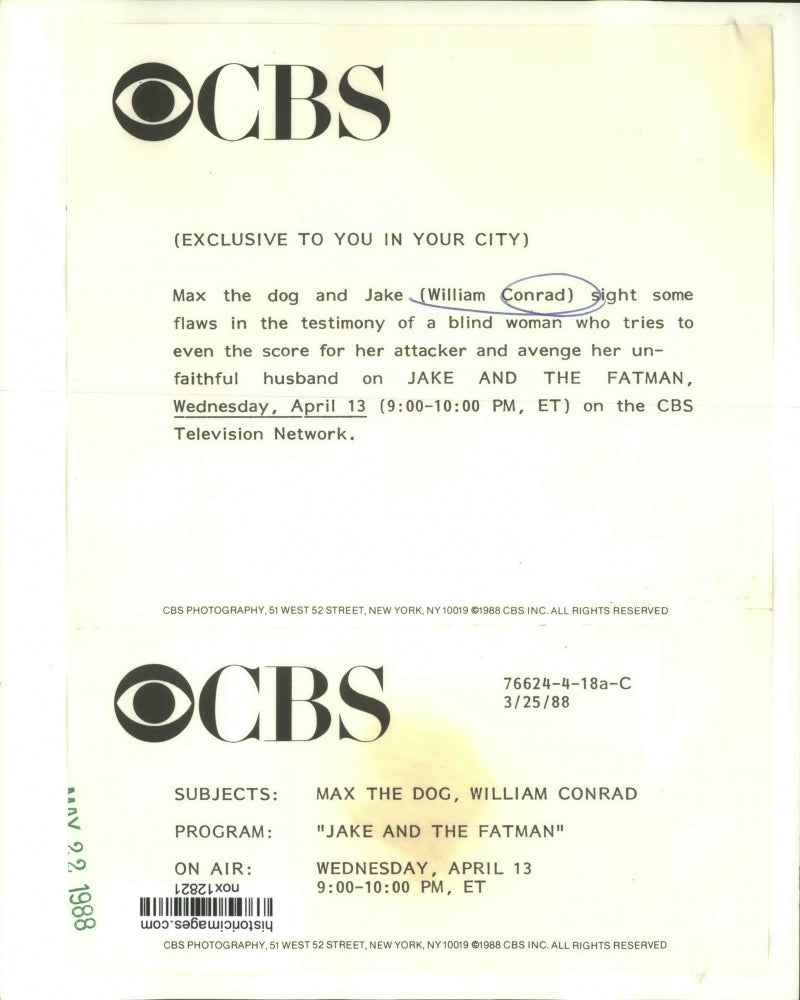 1988 Press Photo "Jake and the Fatman" - William Conrad and Max the Dog on CBS