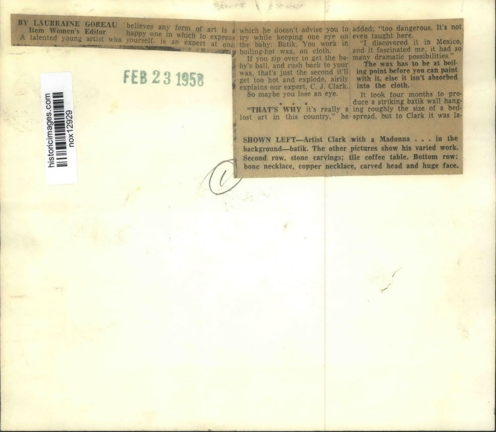 1958 Press Photo Art - Artist C.J. Clark with a Madonna Batik - nox12929