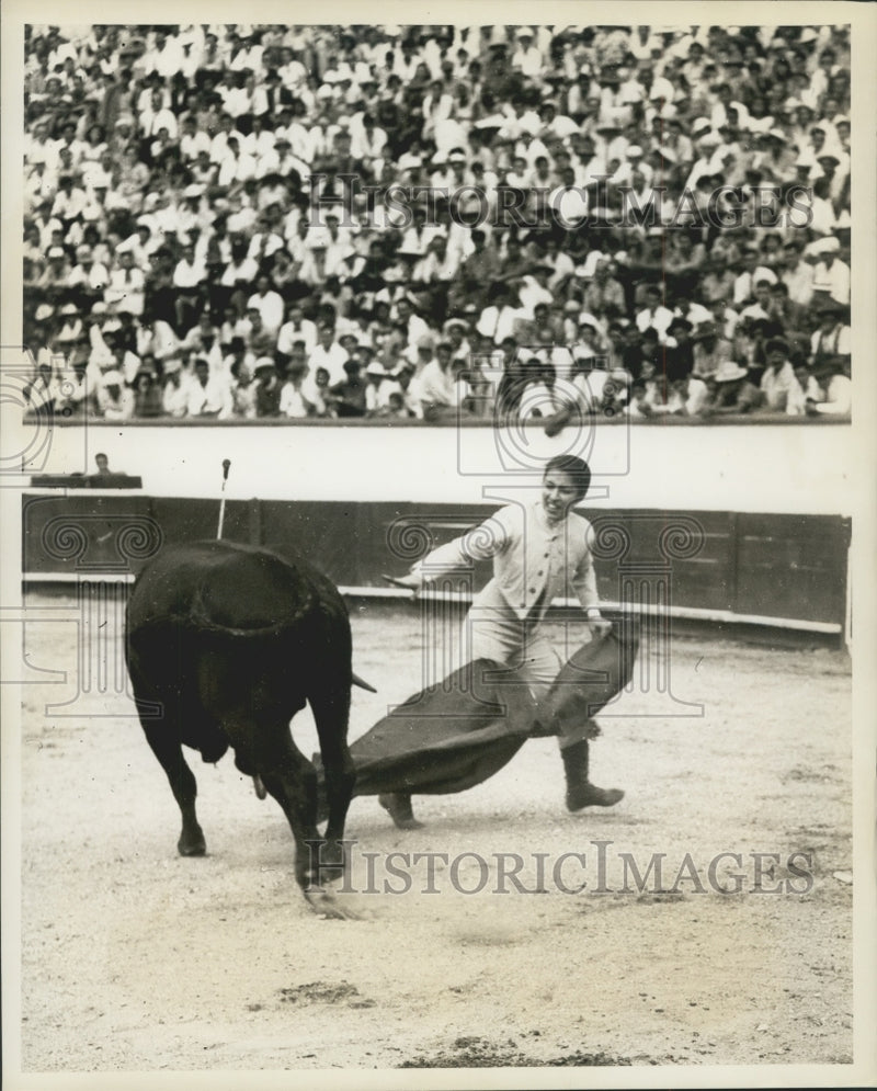 Load image into Gallery viewer, 1956 Press Photo Colombian Bullfighter Bertha Trujillo Runs after Bull Hit

