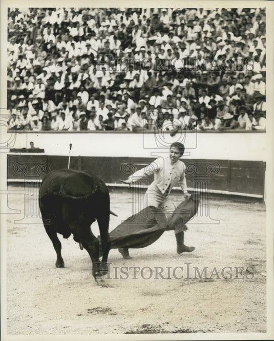1956 Press Photo Colombian Bullfighter Bertha Trujillo Runs after Bull Hit