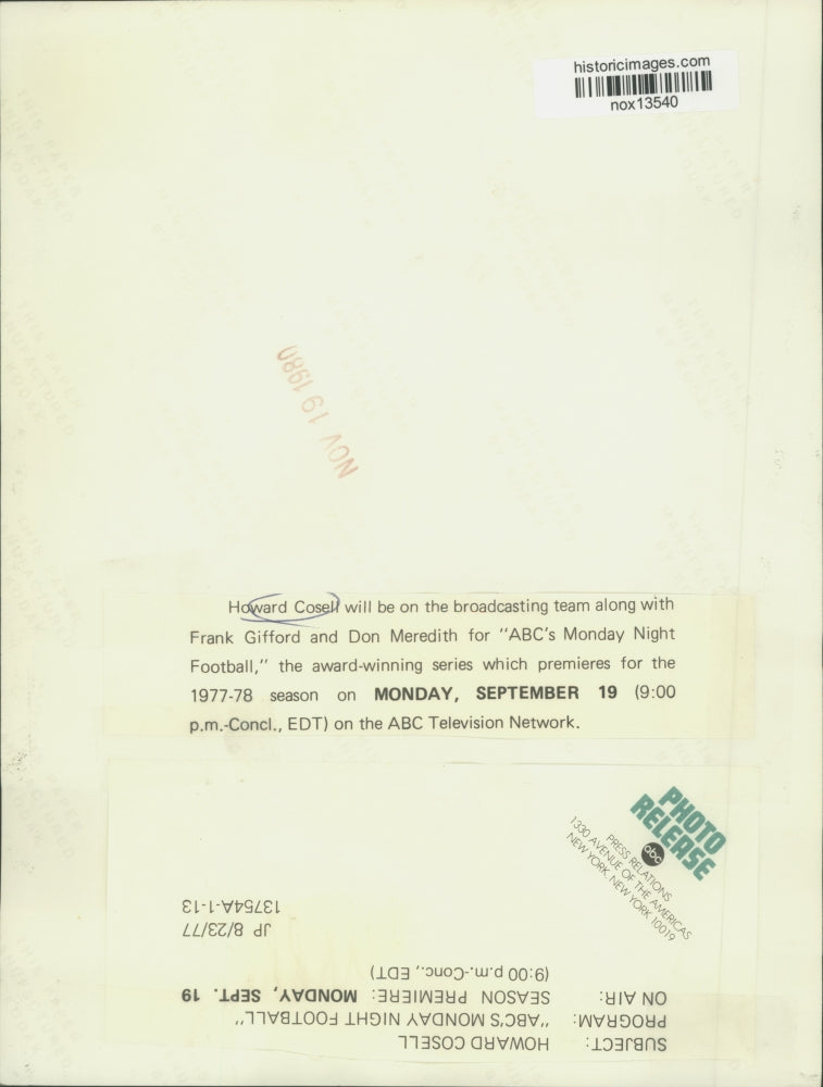 1977 Press Photo Sportscaster Howard Cosell - nox13540