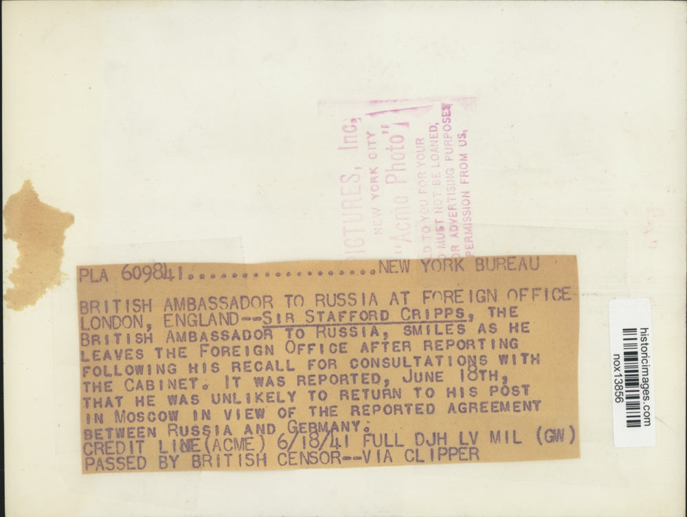 1941 Press Photo British Ambassador to Russia Sir Stafford Cripps - nox13856