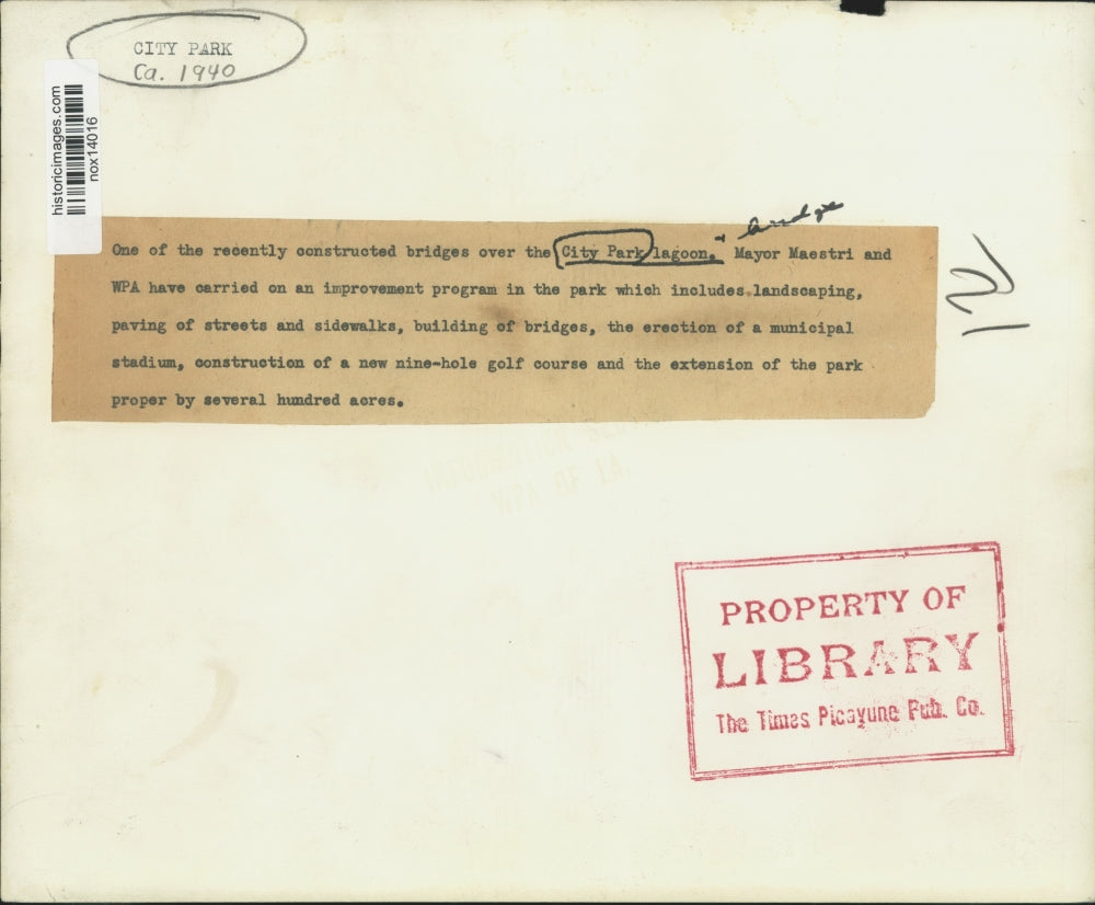 1940 Press Photo Newly Constructed Bridge over City Park Lagoon, New Orleans