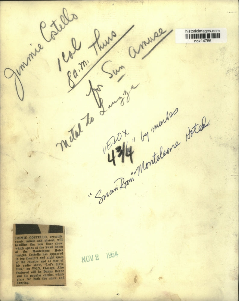 1954 Press Photo Jimmie Costello, Comic, Mimic and Pianist - nox14756