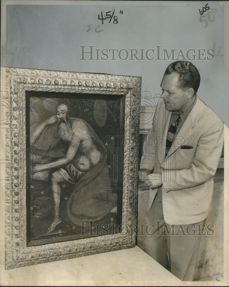 1956 Press Photo Alonzo Lansford admires new acquisition &quot;Saint Jerome&quot; Delgado