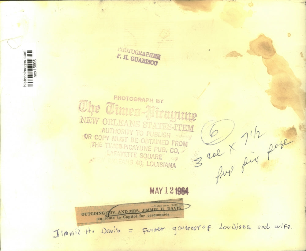 1964 Press Photo Outgoing Governor and Mrs. Jimmie H. Davis en route to Capitol