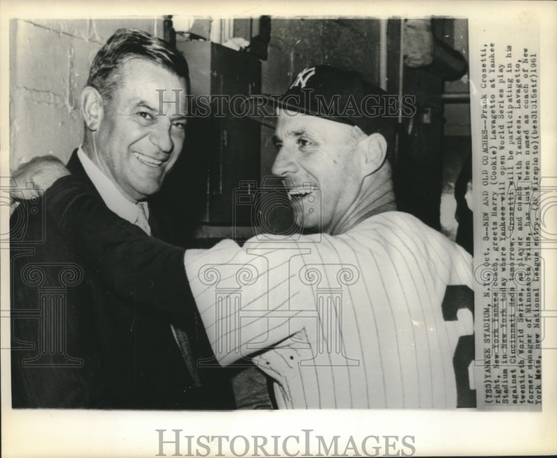 Load image into Gallery viewer, 1961 Press Photo Baseball Coach Frank Crosetti Greets Coach Harry Lavagetto
