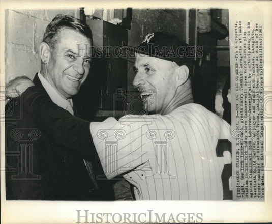 1961 Press Photo Baseball Coach Frank Crosetti Greets Coach Harry Lavagetto