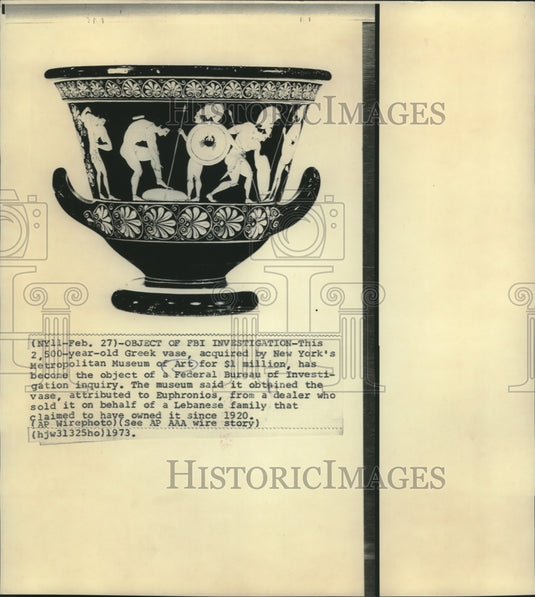 1973 Press Photo Greek Euphronios Vase Investigated by FBI, New York Art Museum