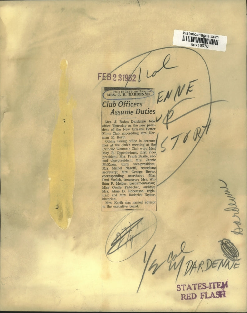 1962 Press Photo Mrs. J.R. Dardeene, New Orleans Better Films Club - nox16070