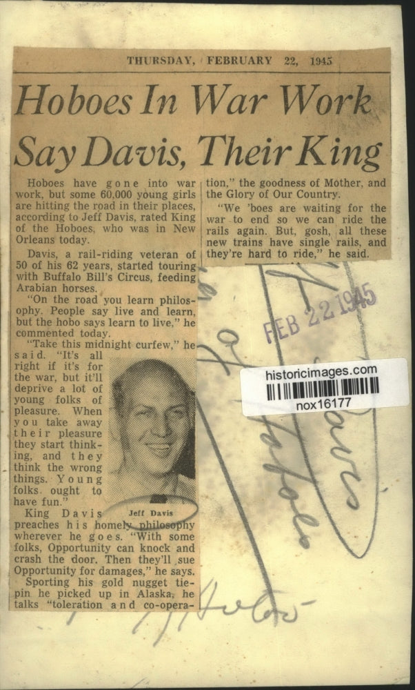 1945 Press Photo Jeff Davis, King of the Hoboes, in New Orleans - nox16177