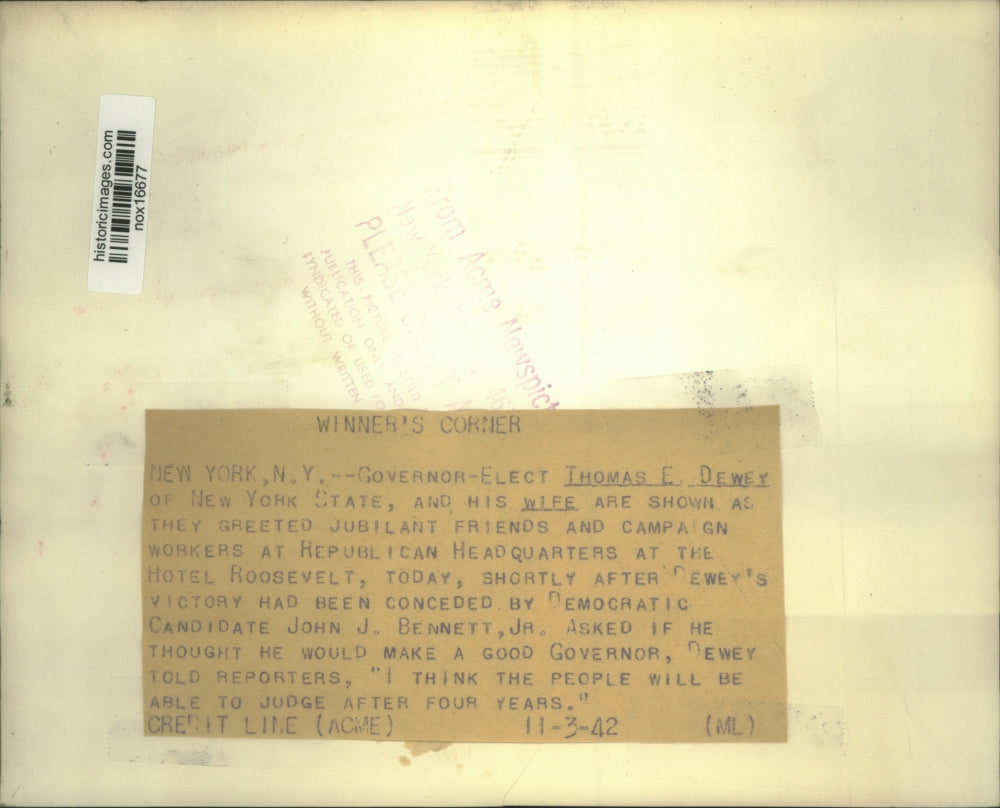 1942 Press Photo Governor-elect Thomas E. Dewey of New York State, and his wife