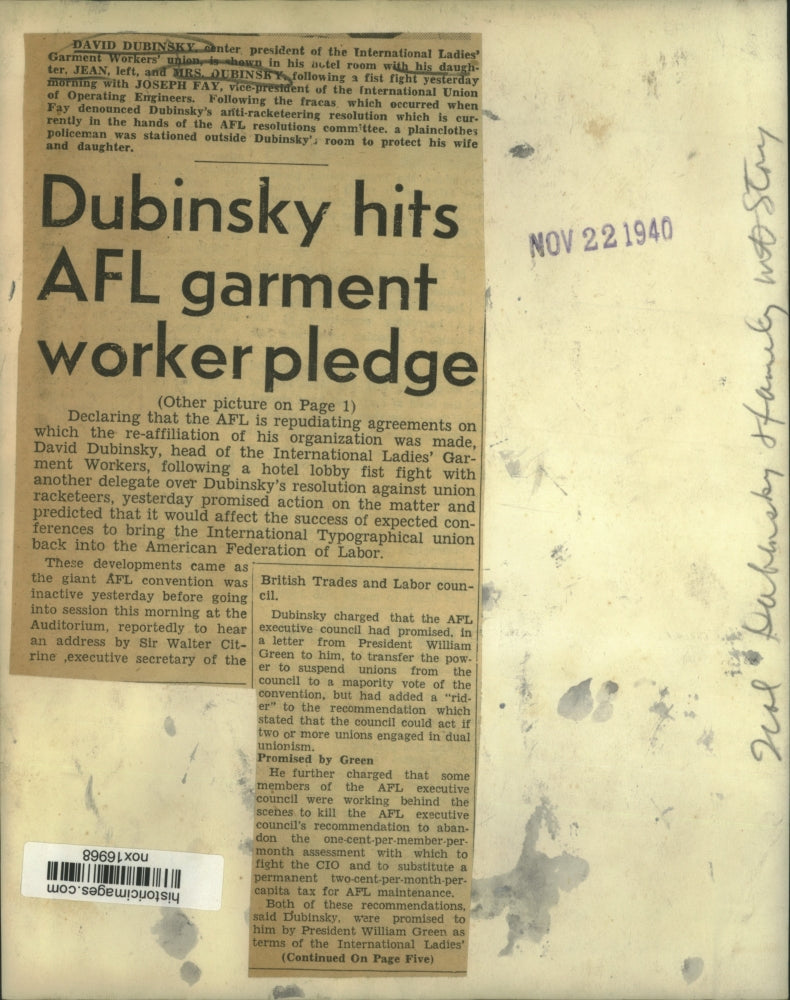 1940 Press Photo David Dubinsky with daughter Jean and Mrs. Dubinsky after Fight