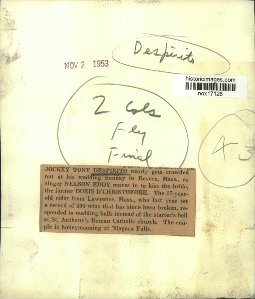 1953 Press Photo Nelson Eddy at Wedding of Tony Despirito & Doris D'Christofore