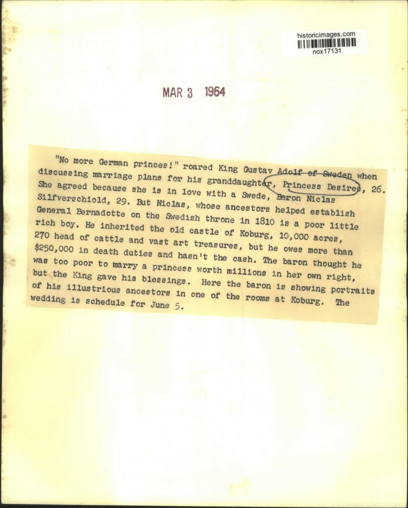 1964 Press Photo Royalty - King Gustav Adolf of Sweden with Princess Desiree