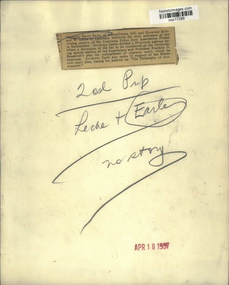 1937 Press Photo Governors Harry Earle, Pennsylvania, Richard Leche, Louisiana