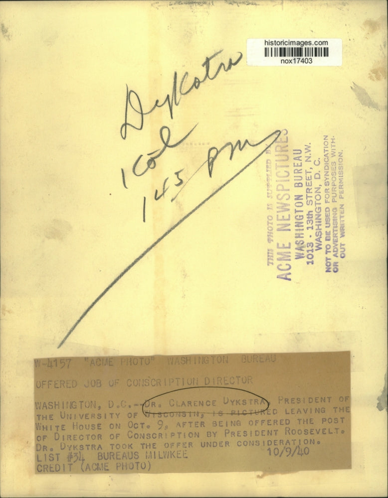1940 Press Photo Dr. Clarence Dykstra-University of Wisconsin-Leaves White House