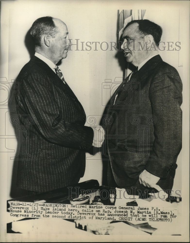 Load image into Gallery viewer, 1950 Press Photo General James P.S. Devereux &amp; Joseph W. Martin, shake hands

