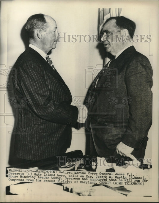 1950 Press Photo General James P.S. Devereux & Joseph W. Martin, shake hands