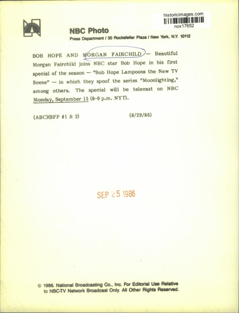 1986 Press Photo Morgan Fairchild joins Bob Hope in his first season special