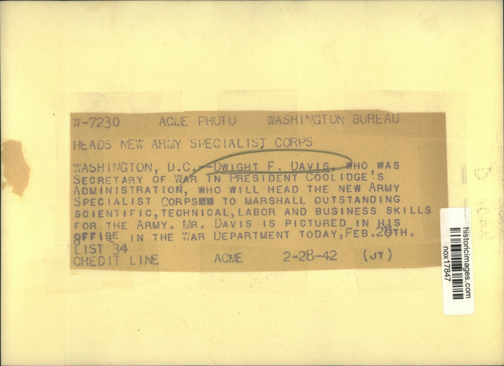 1941 Press Photo Dwight F. Davis, Secretary of War, President Coolidge's Office