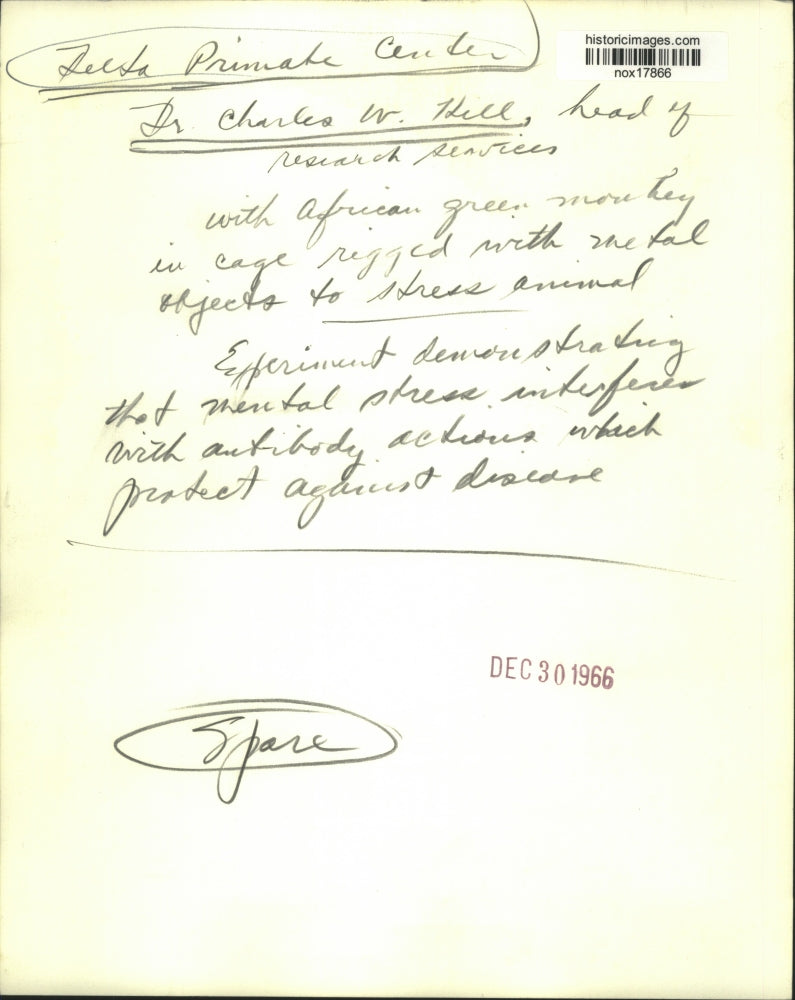 1966 Press Photo Delta Primate Center, Doctor Charles W. Hill, head of research