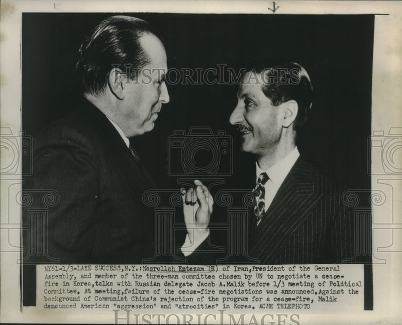 Load image into Gallery viewer, 1951 Press Photo Nasrolla Entezam of UN Discusses Cease-Fire in Korea

