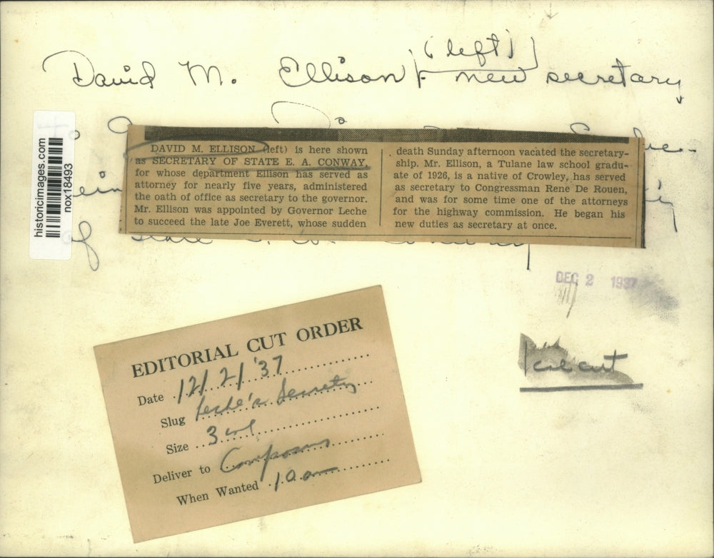 1937 Press Photo David M. Ellison Takes Oath of Office by E. A. Conway